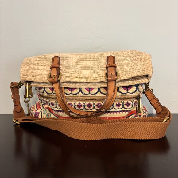 Fossil Bohemian Style Cream Geometric Design Explorer Fold Over Tote - Picture 3 of 15